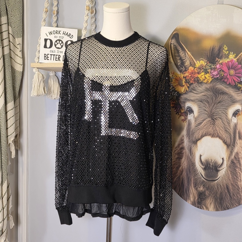 Ralph‎ Lauren Purple Label Brewer Embellished Mesh Blouse Womens 10 Black $1290